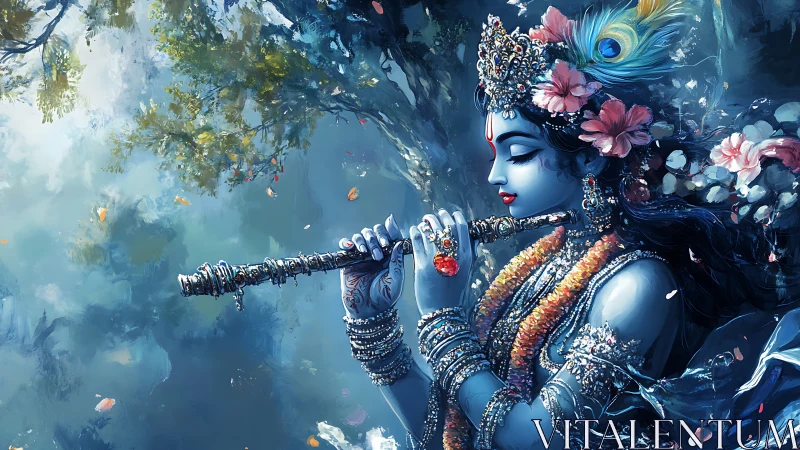 Moonlit flute bearer in sapphire blossoms and peacock hush.