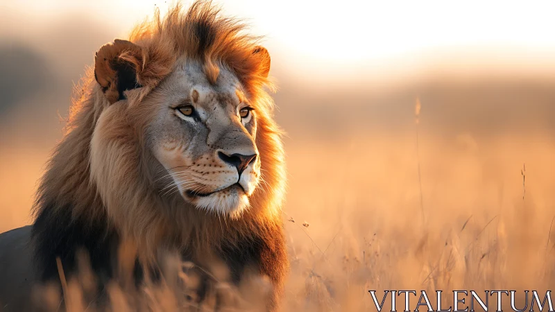 Majestic male lion in golden savanna sunrise light.