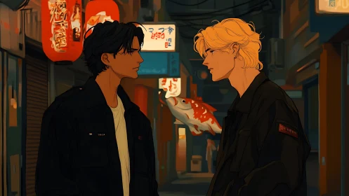 Midnight alley standoff beneath glowing koi lanterns.