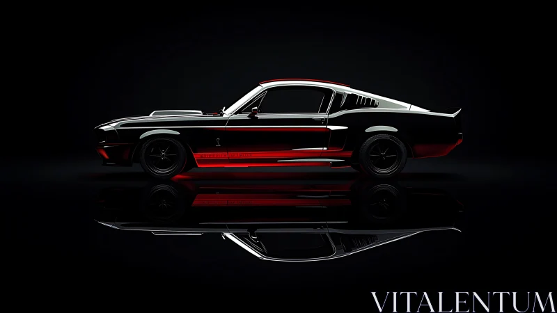 Classic fastback muscle car on reflective black backdrop.