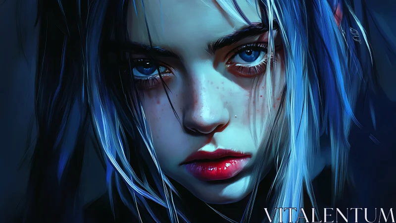 Digital close-up portrait of blue-haired person in shadow.