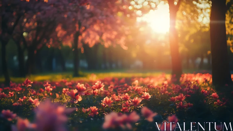 Backlit garden setting with pink flowers and late afternoon sunlight