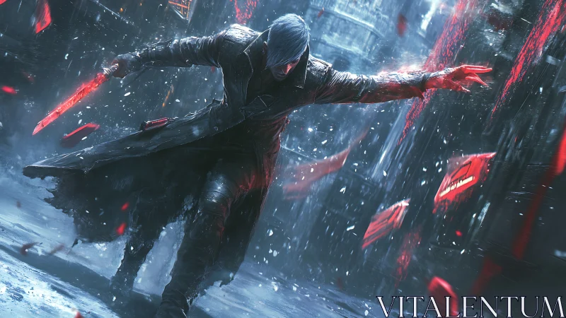 Storm-lit warrior strides through neon shards and swirling snow