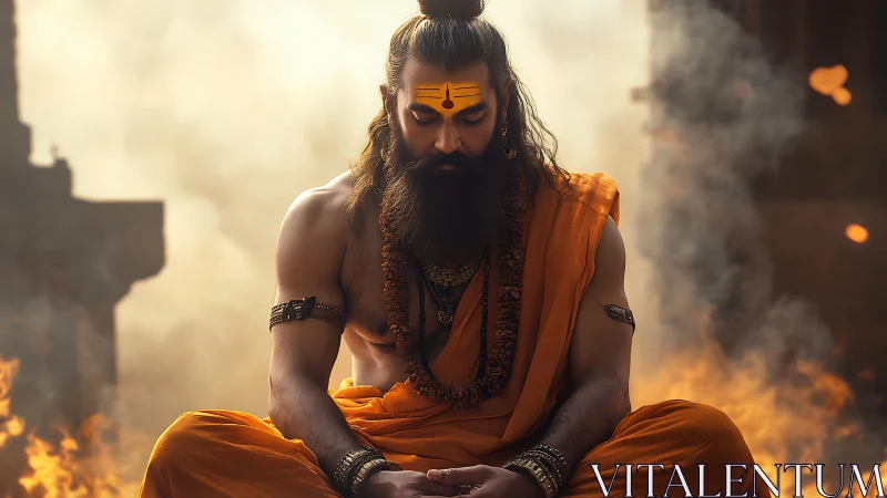 Meditating ascetic in saffron robes amid fire and smoke.