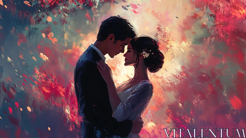 Two figures in formal wear positioned against dynamic red and gold atmospheric background.