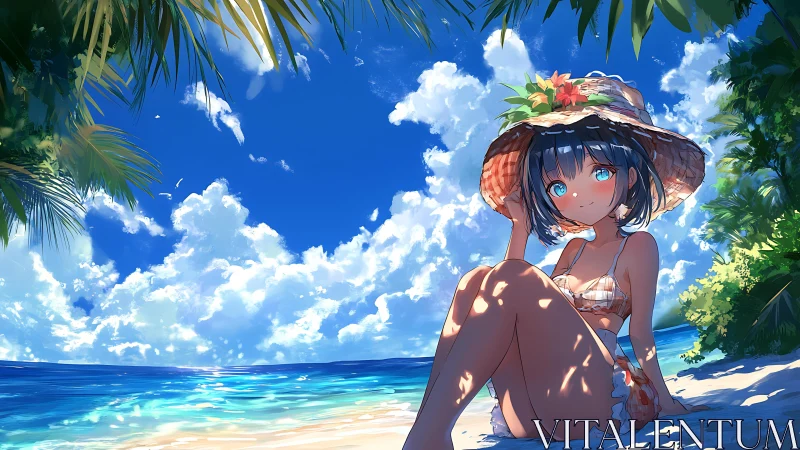 Anime beach girl in straw hat under dappled tropical sunlight