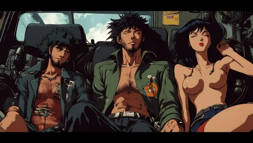 Three partially clothed characters resting in vehicle interior.