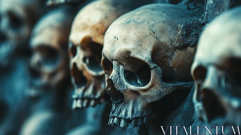 Row of weathered human skulls in shallow depth of field.