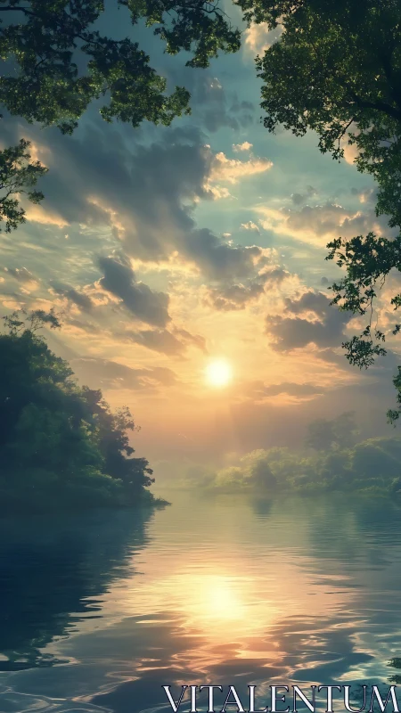 Sunlit river valley captures atmospheric depth and reflection