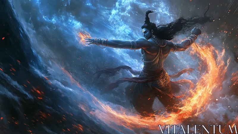 Dynamic elemental warrior manipulating opposed fire and water vortices