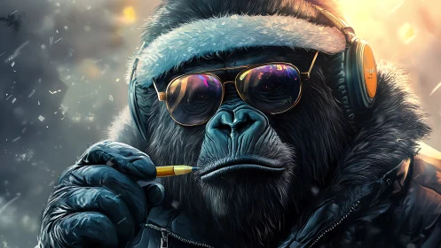 Stylish cyber gorilla with headphones in frost-lit glow.