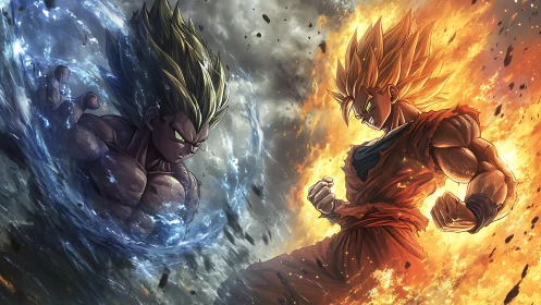 Fiery warrior versus aqueous rival in split elemental clash.