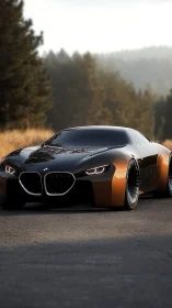 Futuristic BMW coupe concept in sunset forest roadway light.