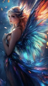 Celestial winged maiden in iridescent feathered aura.
