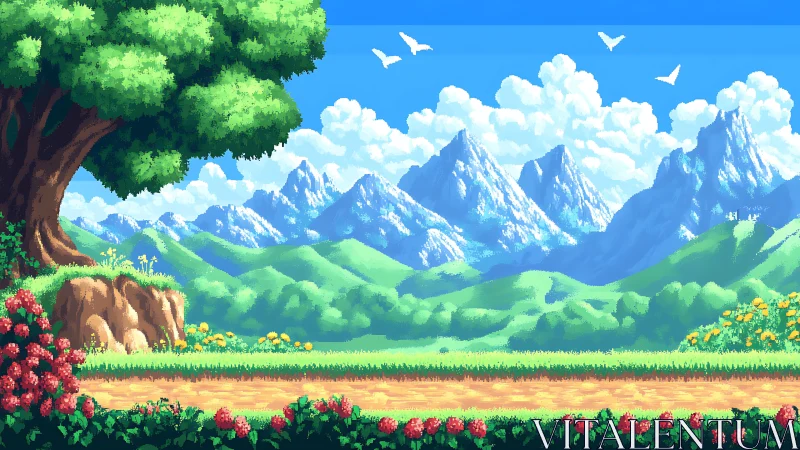 Pixel landscape with tree, mountains, flowers, and pathway.