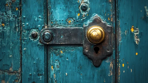 Weatherworn teal door with stubborn brass guardian knob.