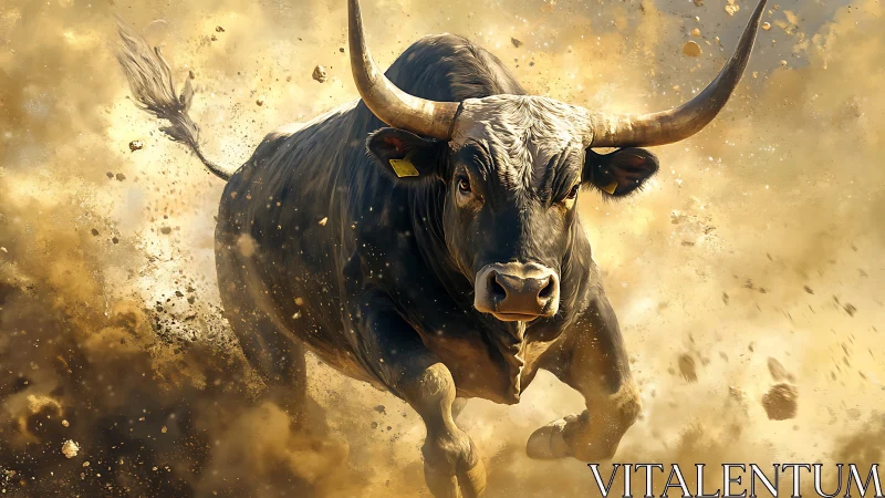 Charging bull amid dust and debris in dynamic motion.