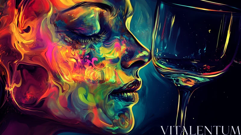 Chromatic female profile dissolving into glowing wineglass.