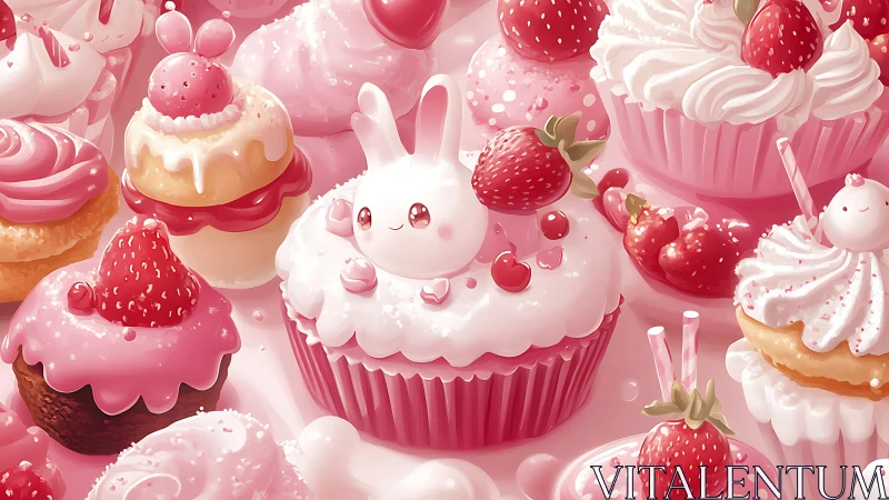 Kawaii bunny cupcake sits amid pink frosted treats.