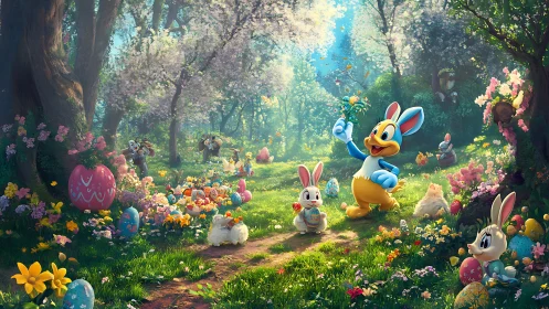Easter woodland rabbits celebrate among luminous painted eggs and blooms