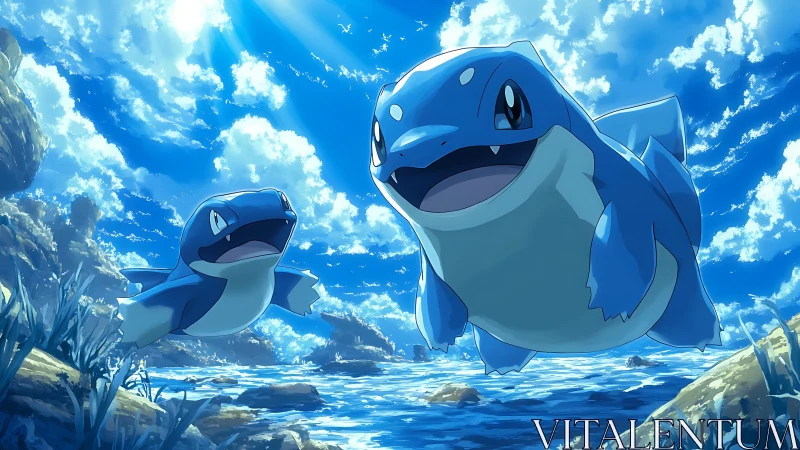 Playful blue sea creatures soar above a sparkling ocean.