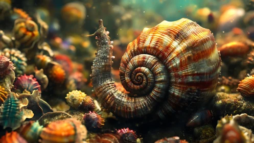 Spiral seashell closeup in colorful underwater seabed.
