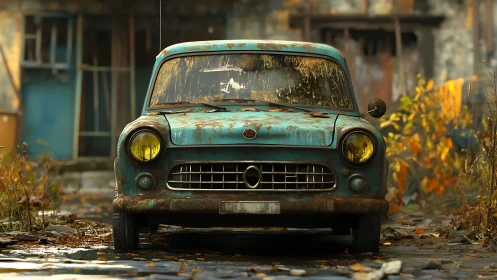 Rusty teal classic car resting quietly in autumn light.