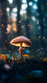 Backlit forest mushroom rendered with shallow depth and bokeh glow