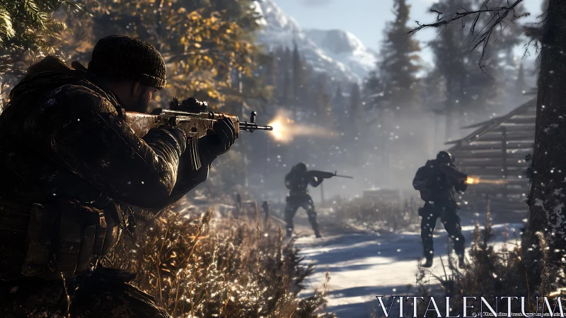Armed soldiers trading fire in snowy forest battle scene.