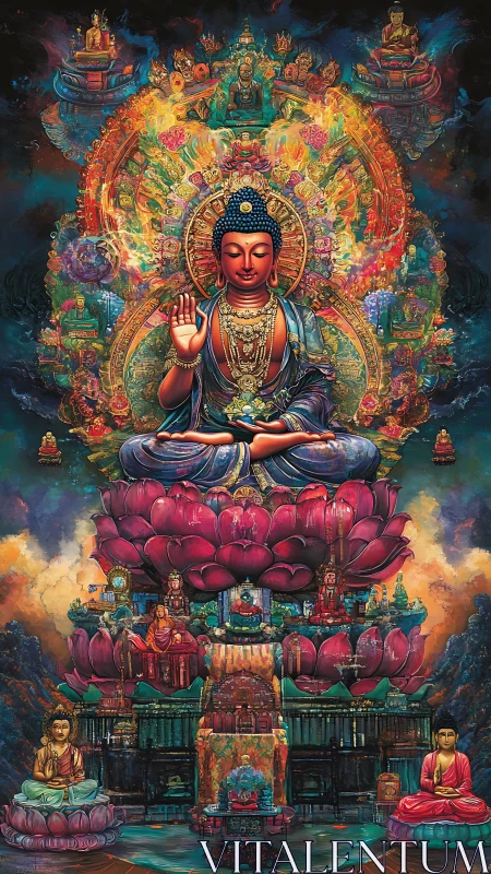 Radiant Buddha ascends from lotus throne in cosmic mandala