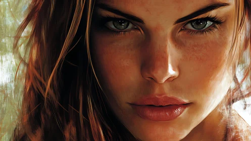 Intense female portrait with freckled skin and amber light.