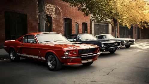 Classic Ford Mustangs pause in a quiet, tree lined street