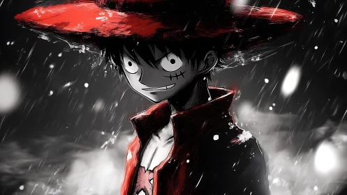 Rain-soaked pirate in red hat amid monochrome stormscape.
