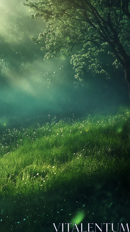 Sunlit forest clearing under gentle rain shower.