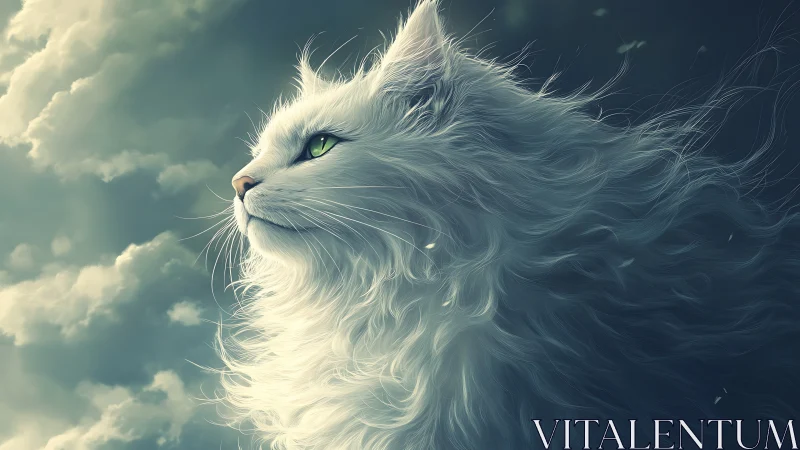 Majestic White Cat with Flowing Fur Against Cloudy Sky.
