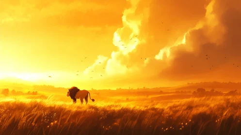Solar-saturated savanna panorama with solitary lion silhouette.