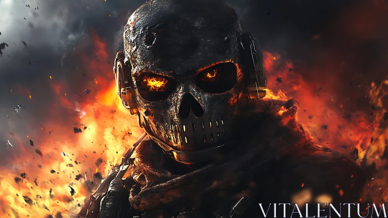 Flaming cyber skull soldier emerging from explosive inferno.