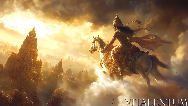 Celestial warrior on armored horse over radiant temple city.