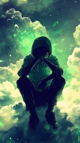 Hooded dreamer resting in a glowing storm of clouds.