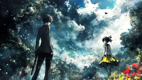 Atmospheric anime standoff under turbulent stratocumulus sky.