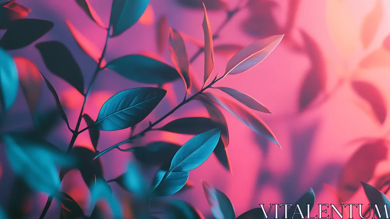 Dreamy teal leaves glow gently against soft pink light