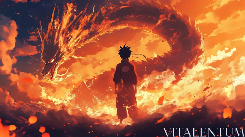 Backlit warrior facing volumetric flaming dragon entity.