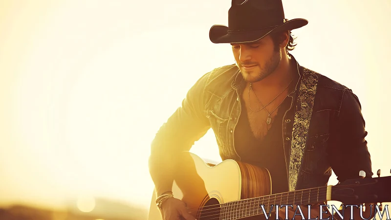 Country guitarist plays acoustic under warm sunset light
