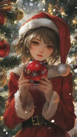 Gently glowing Christmas girl holding a red snowflake ornament.