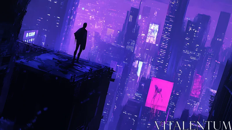 Lone figure overlooking neon drenched cyberpunk skyline.