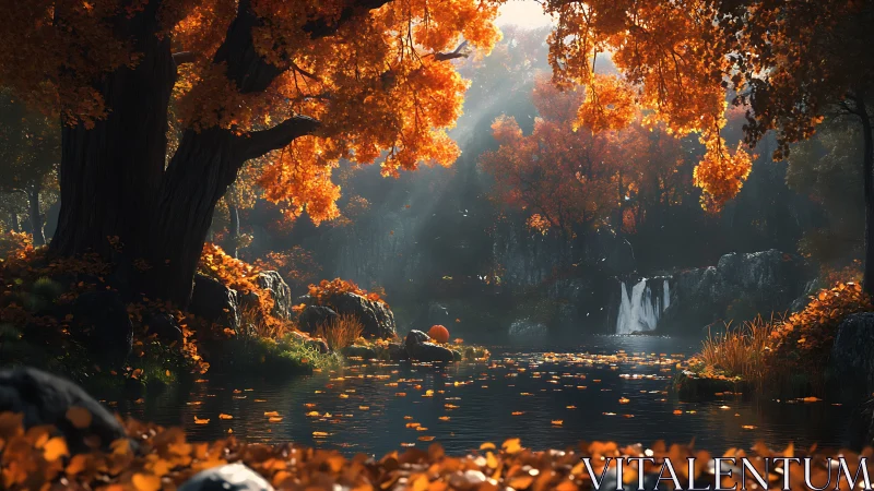 Autumn forest lake glows under cascading waterfall light.
