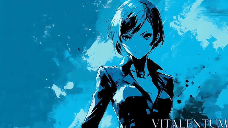 Monochrome cyan anime agent rendered with high‑contrast cel shading