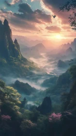 Sunlit mountain valley wrapped in dreamy pastel morning light.