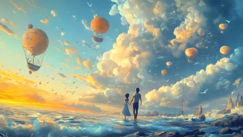 Fantasy seascape with couple and drifting hot air balloons.