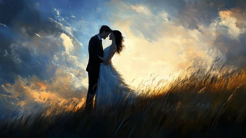 Romantic Couple Kiss in Golden Wheat Field Under Dramatic Sky.